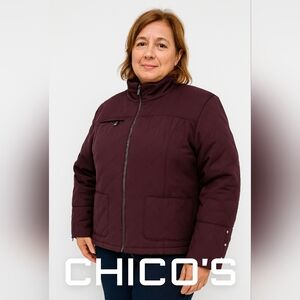 CHICO'S Women's Quilted Puffer Deep‎ Burgundy Red Winter Fall Jacket (#144)